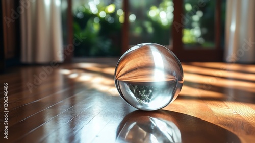 Clear glass orb reflecting amber liquid on wooden floor in a bright room