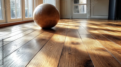Clear glass orb reflecting amber liquid on wooden floor in a bright room