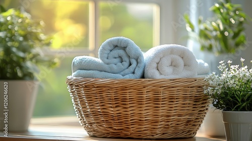 Soft towels in a woven basket surrounded by blooming flowers and warm light i...