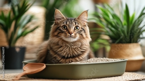 Cat relaxing in litter box surrounded by greenery indoors during daylight