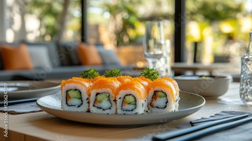 Sushi rolls arranged on a wooden platter in a serene indoor garden setting