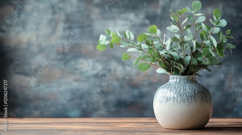 Eucalyptus plant in a white vase on a wooden table against a soft pink backgr...