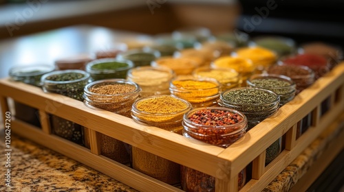 Organized collection of spices in glass jars on wooden rack in bright kitchen...