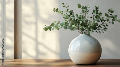 Eucalyptus plant in a white vase on a wooden table against a soft pink backgr...