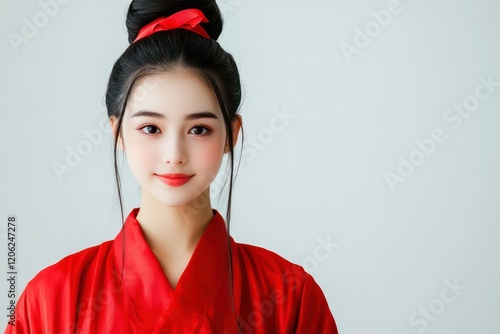 A beautiful girl in a red Hanfu, long black hair, hair bun on top of her head, tied with a red ribbon photo