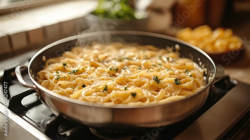 Preparing fresh pasta on the stove with steam rising in a cozy kitchen filled...