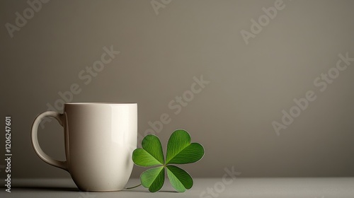 White mug on wooden table with green plants and a clover leaf in a cozy setting