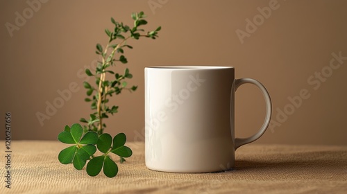 White mug on wooden table with green plants and a clover leaf in a cozy setting