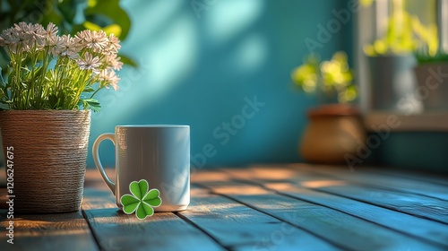 White mug on wooden table with green plants and a clover leaf in a cozy setting