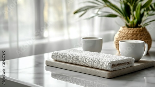 Coffee cups and a rolled towel on a stylish table with plants in a bright roo...