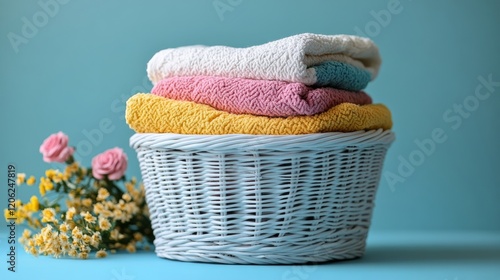 Soft towels stacked in a wicker basket with a sunflower on a colorful background
