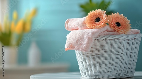 Soft towels stacked in a wicker basket with a sunflower on a colorful background