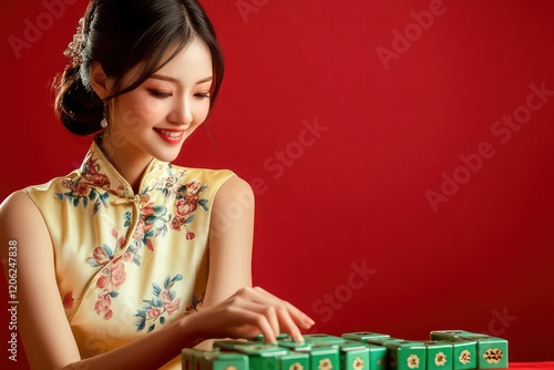 A beautiful young woman in a light yellow cheongsam is playing mahjong, her elegant posture and smile evident on her face.