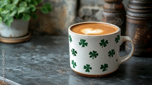 Hot beverage in a decorative cup with clovers on a sunny wooden table in a ga...