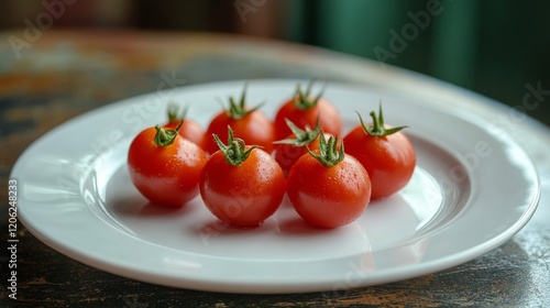 Fresh cherry tomatoes arranged on a white plate ready for culinary exploratio...