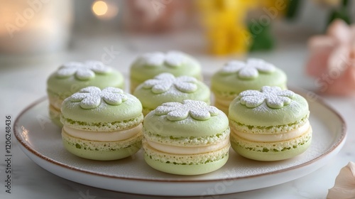 Green macarons arranged beautifully on a decorative plate for a festive celeb...