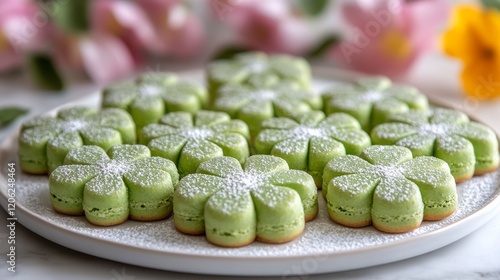 Green macarons arranged beautifully on a decorative plate for a festive celeb...