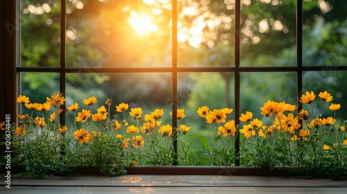 Sunlight streaming through a window highlighting a lush garden filled with bl...