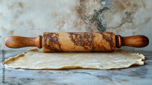 Freshly rolled pastry dough on a wooden surface with flour and ingredients ar...