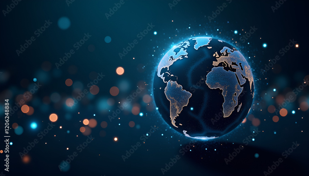 Fototapeta premium Glowing digital Earth globe with luminous continents and abstract background