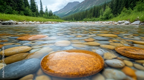 Clear river water revealing colorful pebbles and a serene natural landscape n...