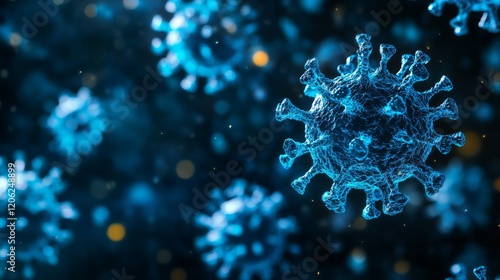 Close-up rendering of a virus shows detailed spikes and spherical shape, using cool blue tones to capture its microscopic complexity and threatening nature. photo