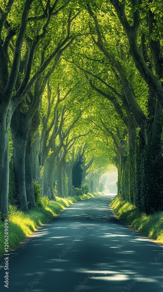 Obraz premium Road lined with tall trees that form a tunnel with their branches