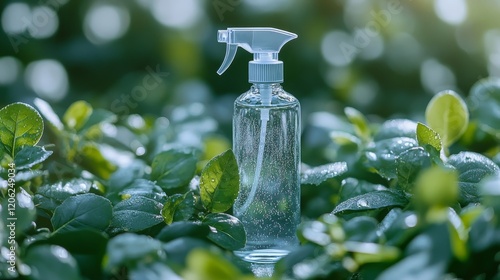 Natural herbal essence bottle surrounded by fresh greenery on a vibrant backg...