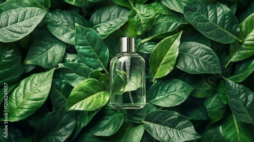 Natural herbal essence bottle surrounded by fresh greenery on a vibrant backg...