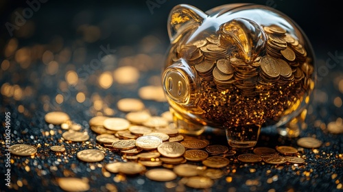 Beautiful glass piggy bank filled with shiny coins on a dark surface highligh...