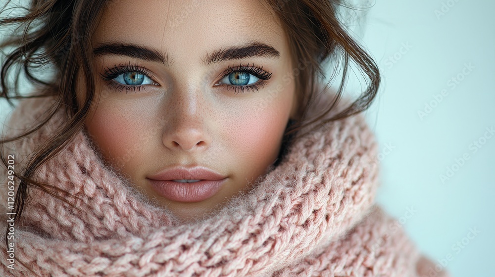A close-up shot of a model, her face gently outlined by fine fabric, set against a breathtaking backdrop of soft pink hues and textures A close-up shot of a model, her face gently outlined by fine fabric, set against a breathtaking backdrop of soft pink hues and textures