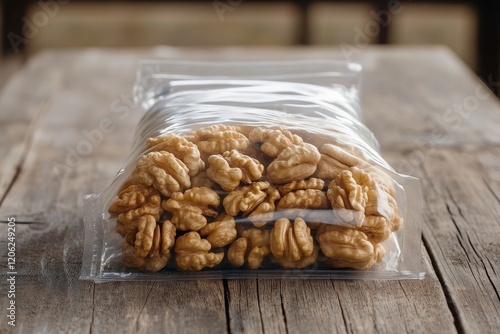 Freshly packed walnuts in clear plastic bag displayed on wooden table inside ...