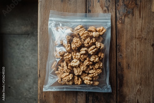 Freshly packed walnuts in clear plastic bag displayed on wooden table inside ...