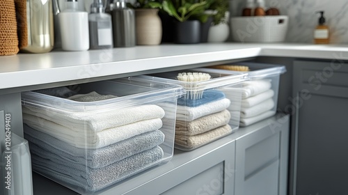 Organizing towels in storage bins for a neat and tidy kitchen space