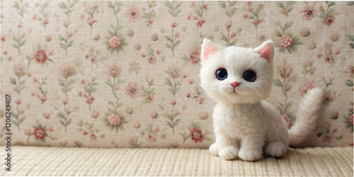 Cute white cat figurine stands in front of soft floral textile wallpaper in a cozy interior setting photo