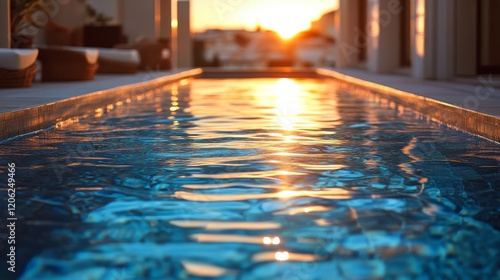 Relaxing afternoon by the tranquil poolside at a modern residence in a serene...