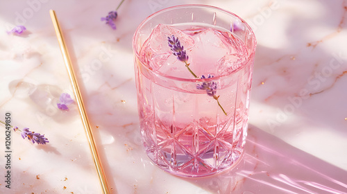 Pink lavender infused drink in a crystal glass with gold straw. Perfect for summer refreshment. photo