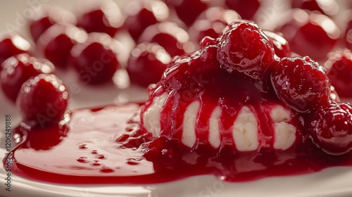 Creamy dessert topped with vibrant cherry sauce on elegant plate in a cozy se...