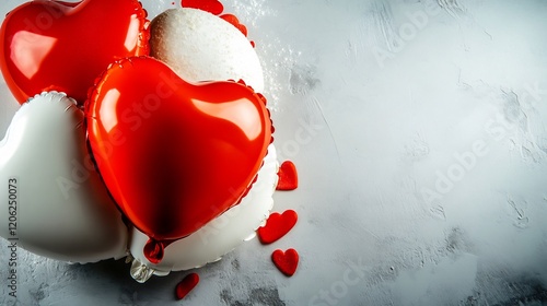 Red and white heart balloons gently rest on a textured surface bathed in soft light. AI Generated