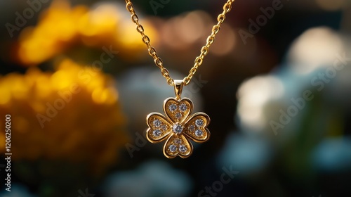 Elegant gold necklace with sparkling clover pendant glimmers against a blurre...
