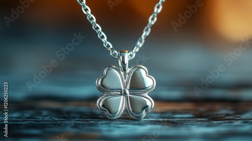 Detailed bronze flower pendant resting on autumn leaves on wooden surface sur...