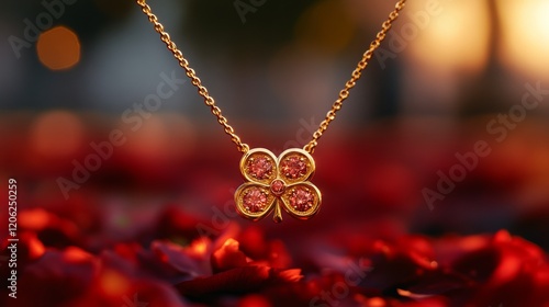 Elegant gold necklace with sparkling clover pendant glimmers against a blurre...