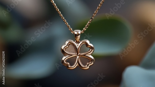 Elegant gold necklace with sparkling clover pendant glimmers against a blurre...