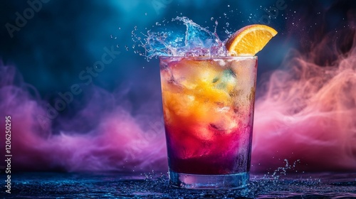 A vivid cocktail drink splashes dramatically in a glass, accompanied by an orange slice garnish, set against a vibrant blue and pink swirling mist backdrop.
