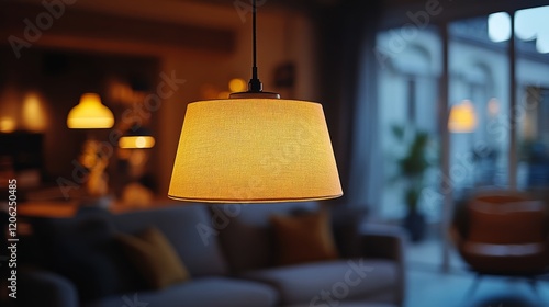 Warm glow from a hanging lamp illuminates a cozy room during sunset