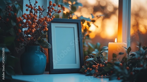 Warm candlelit display with empty frame and autumn decor by window on a cozy ...