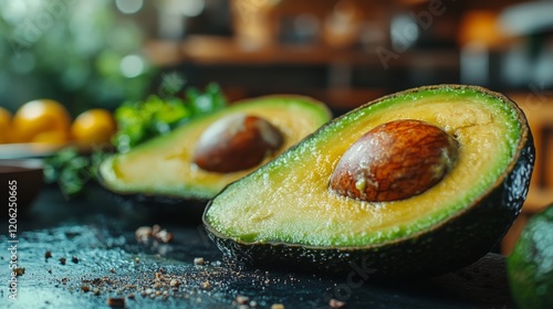 Avocado halves are displayed on a rustic wooden table, showcasing their cream...
