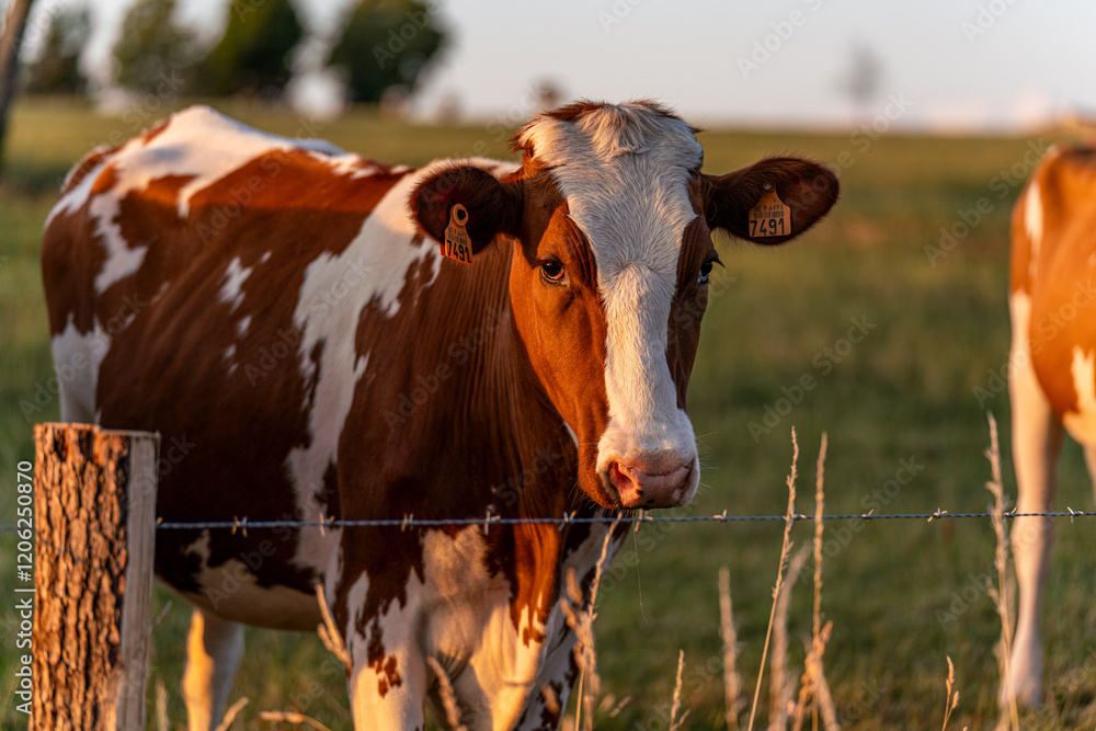 A brown and white cow watching the street on the meadow behind a fence at sunset A brown and white cow watching the street on the meadow behind a fence at sunset