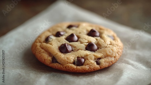 Delicious chocolate chip cookie resting on parchment paper in a cozy kitchen