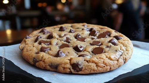 Delicious chocolate chip cookie resting on parchment paper in a cozy kitchen